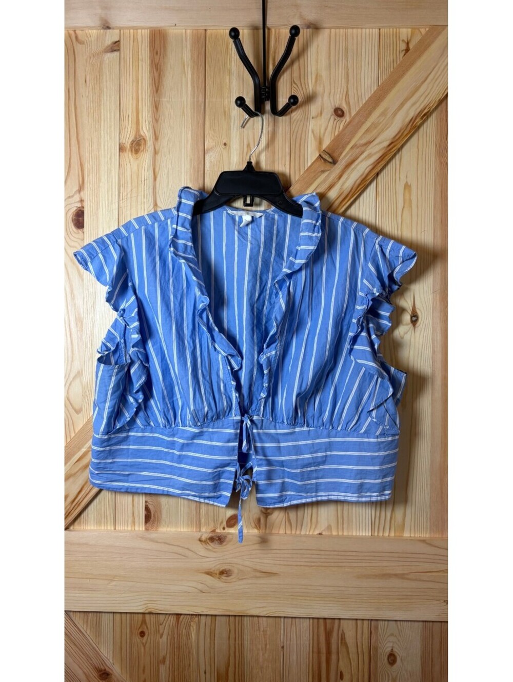 H&M Blue and White Striped Ruffle Sleeve Open Crop Blouse XL